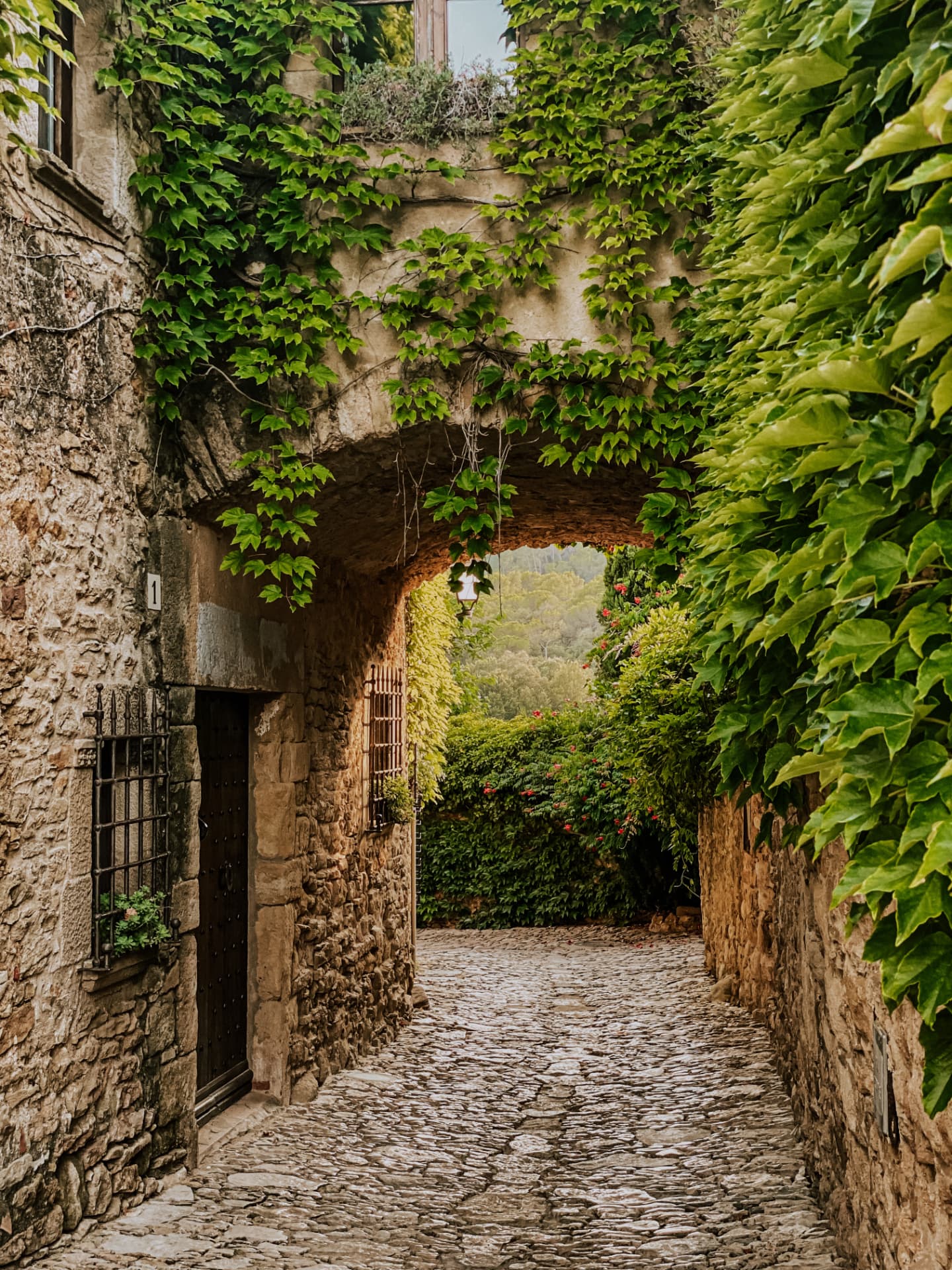 Cobbled lane beneath a stone archway covered in ivy in a medieval Costa Brava village